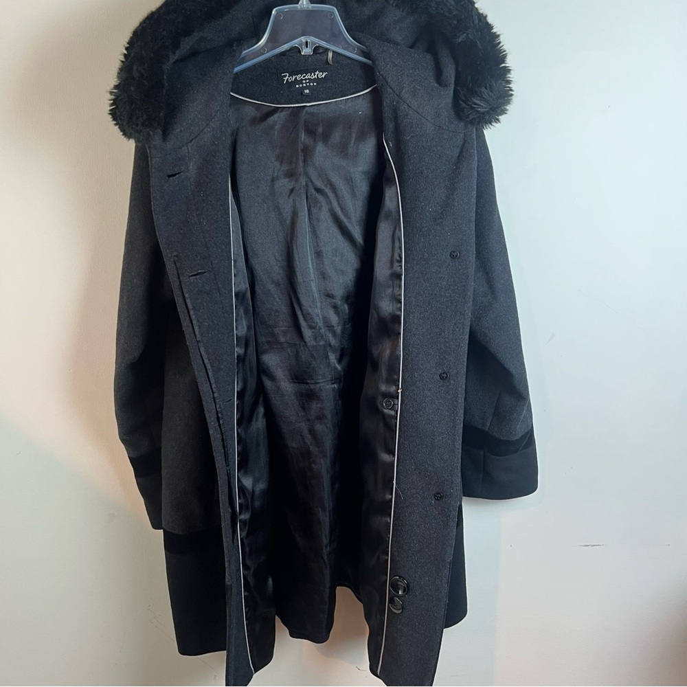 Forecaster Lambswool Velvet Black Peacoat Coat Size 16 Fur Hooded Pockets - Picture 11 of 15